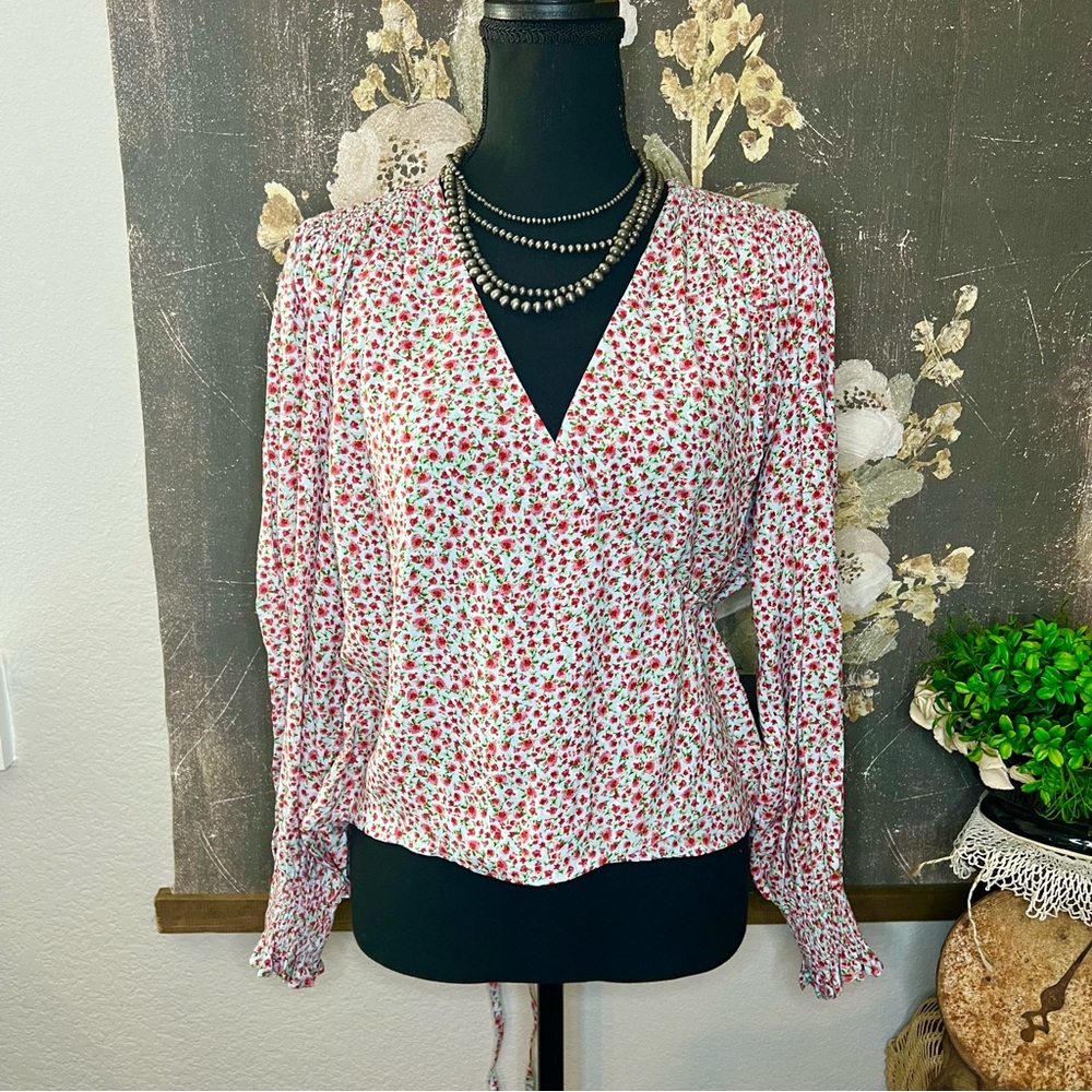 Zara NWT Blue Pink/Red Ditsy Floral‎ Long Sleeve Wrap Blouse Sz S Coquette Girly